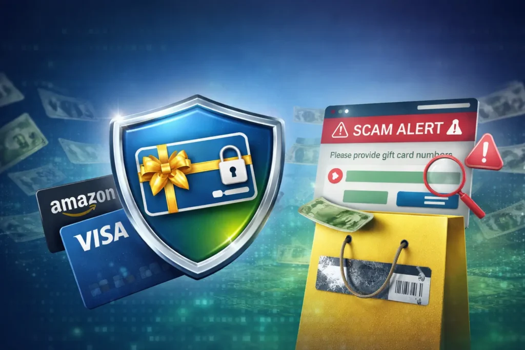 Shield protecting a prepaid gift card with a lock icon, surrounded by scam warning signs, a phishing screen, and tampered shopping elements, representing gift card security and fraud risks.