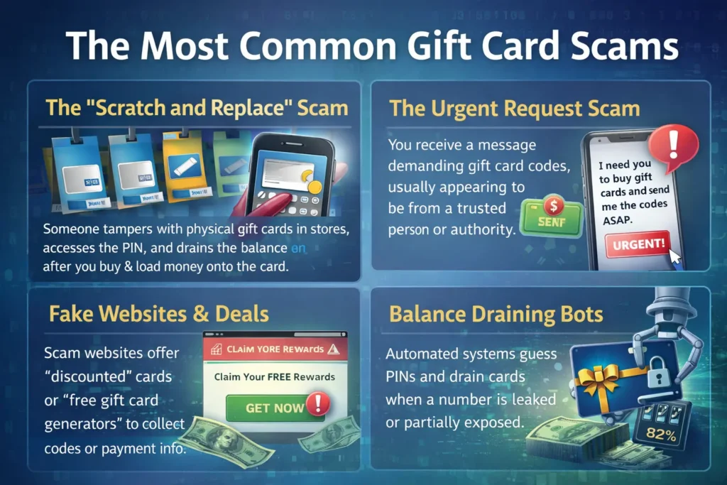 Infographic showing four common gift card scams: scratch-and-replace tampering in stores, urgent requests for gift card codes, fake websites offering discounted or free cards, and automated bots draining balances from exposed card details.