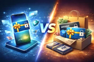 Side-by-side illustration of digital and physical gift cards, with a smartphone displaying an e-gift card and security icons on one side, and physical cards, a shopping bag, and receipts on the other, representing a comparison between digital and physical gift card use.