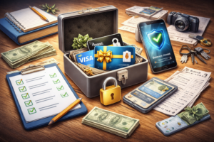 Gift cards in a basket surrounded by receipts, cash, and paperwork illustrating fees, expiration, and terms, symbolizing hidden costs of prepaid gift cards.